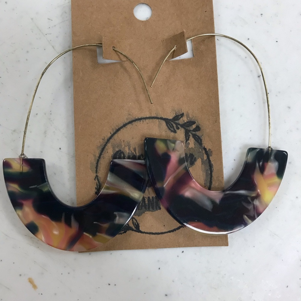 OBLONG DROP HALF HOOP SHAPED ACRYLIC EARRINGS NAVY BLUE , PINK